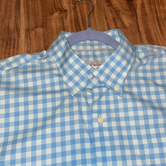Peter Millar mens shirt large collar button down blue check short sleeve stretch - Picture 3 of 8